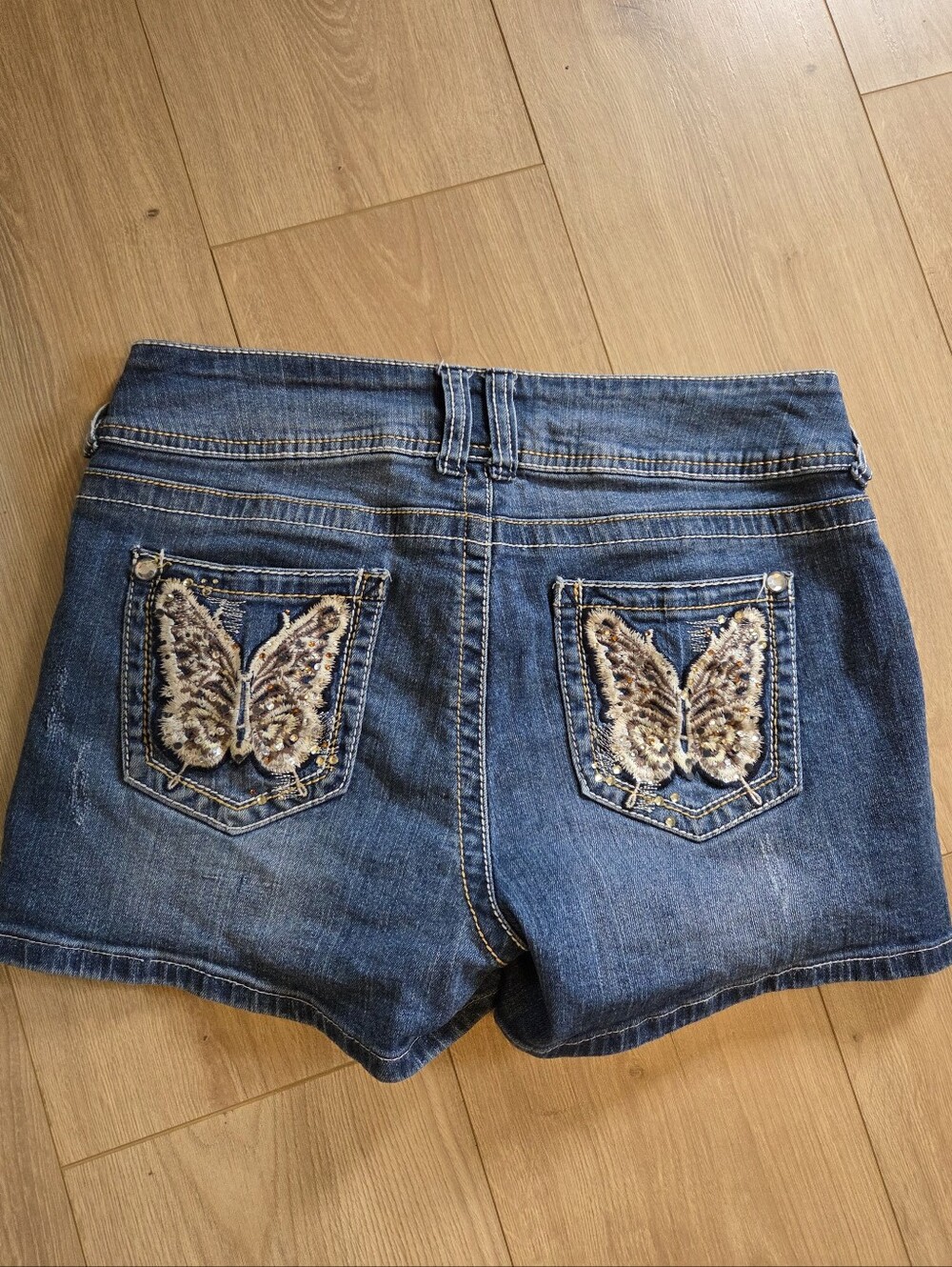 Y2K No Boundaries Butterfly Embellished Denim Shorts Distressed McBling 13